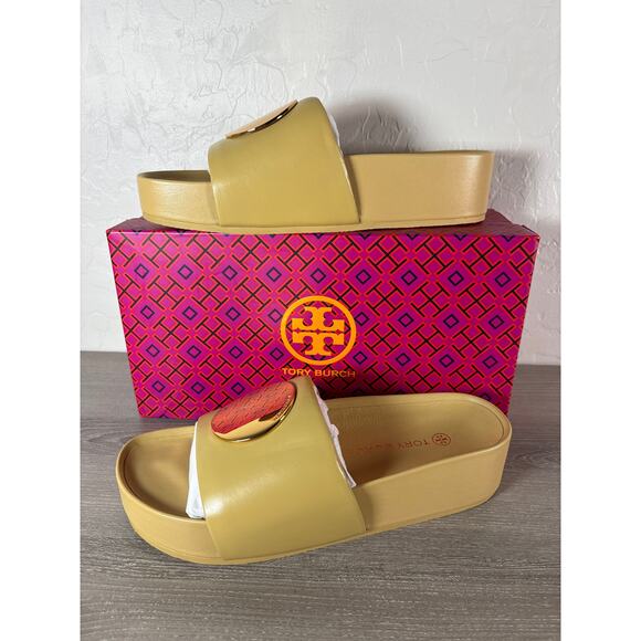 Tory Burch Sandals‎ 9.5 Womens Cornbread Yellow Patos Leather Slip-On Platform